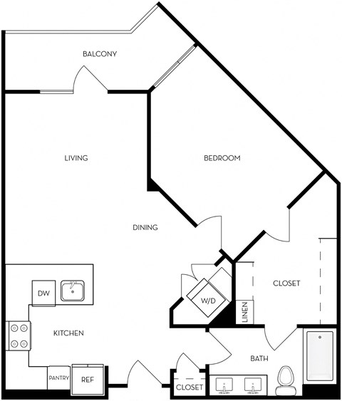 Floor plan for 1 bed, 1 bath, 782 sqft